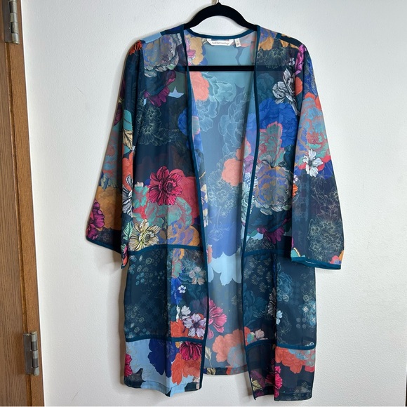 Soft Surroundings Multicolor Floral Kimono Womens L sheer layer Boho Hippie - Picture 2 of 12